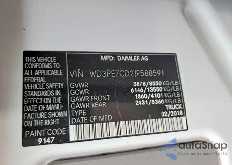 2018 Mercedes-Benz Sprinter 2500 z USA, uszkodzony, nr VIN WD3PE7CD2JP588591